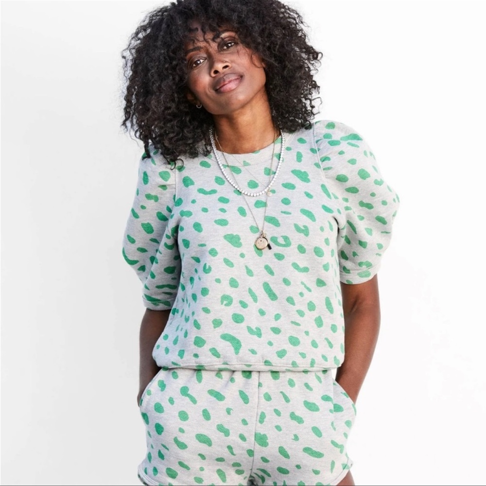 Clare V Gray Sweatshirt with Green Spot Print